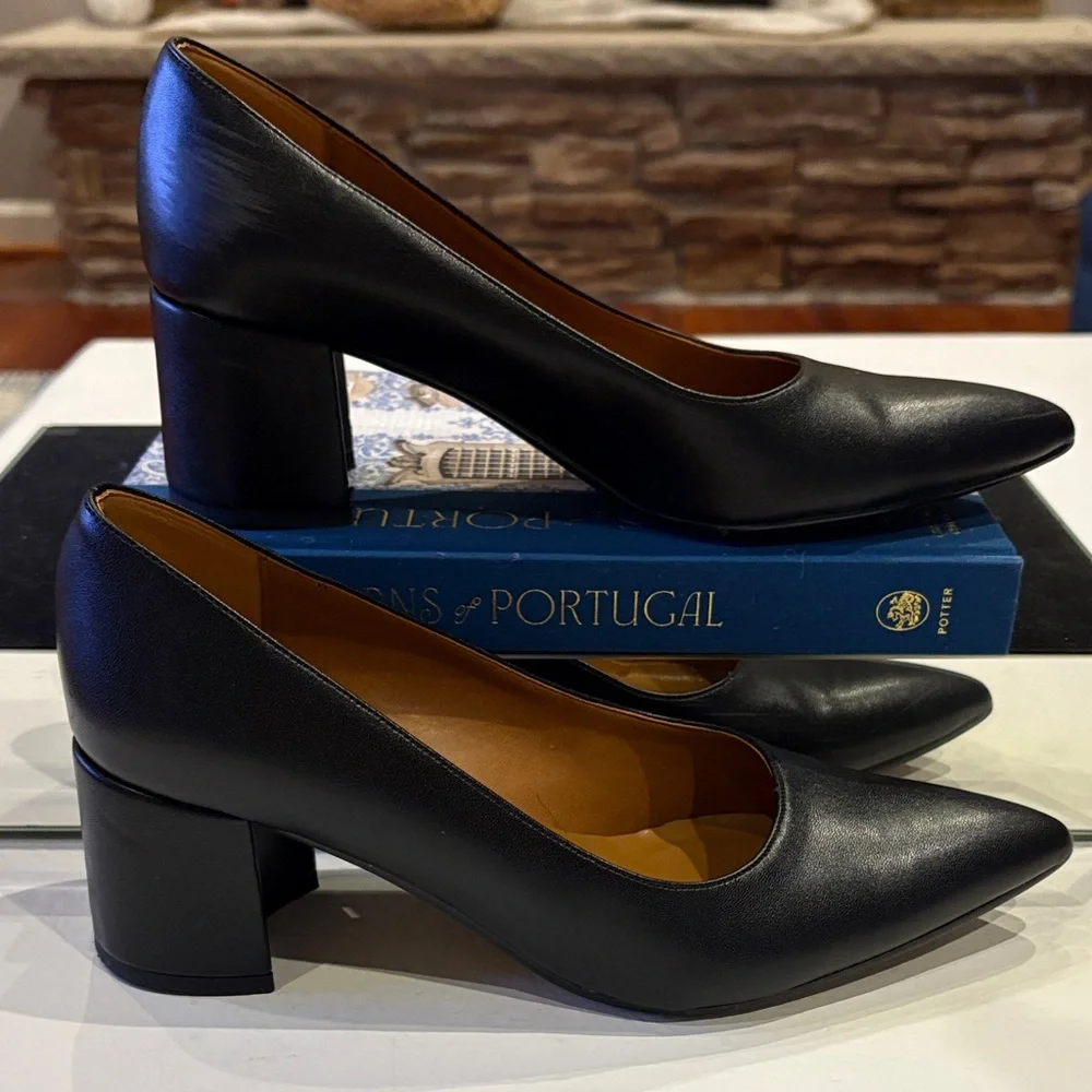 Gaia Shoes Black Leather Block Heels – Made in Italy Vera‎ Pelle “quality” Sz 38